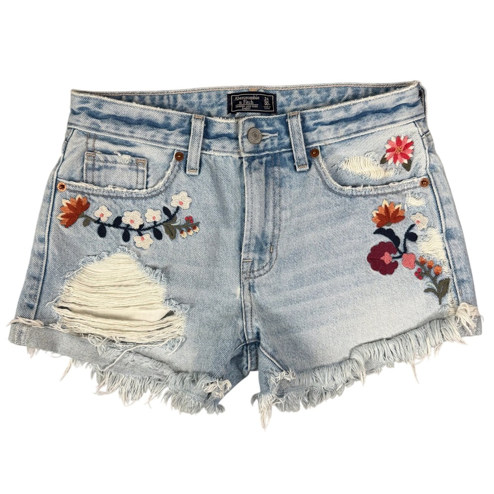 Abercrombie & Fitch Size 00/24 Low Rise Boho Embroidered Distressed Denim Shorts